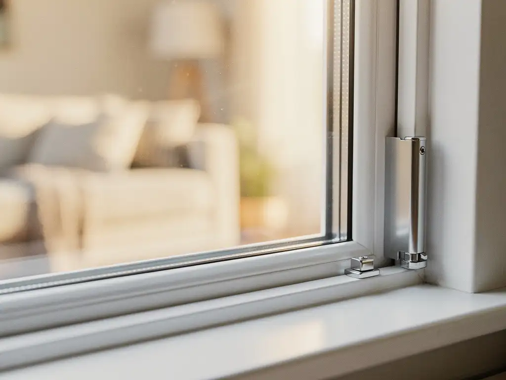 Wit uPVC kozijn met dubbel glas in Nederlandse woning, helder daglicht en scherpe witte en zilveren tinten.
