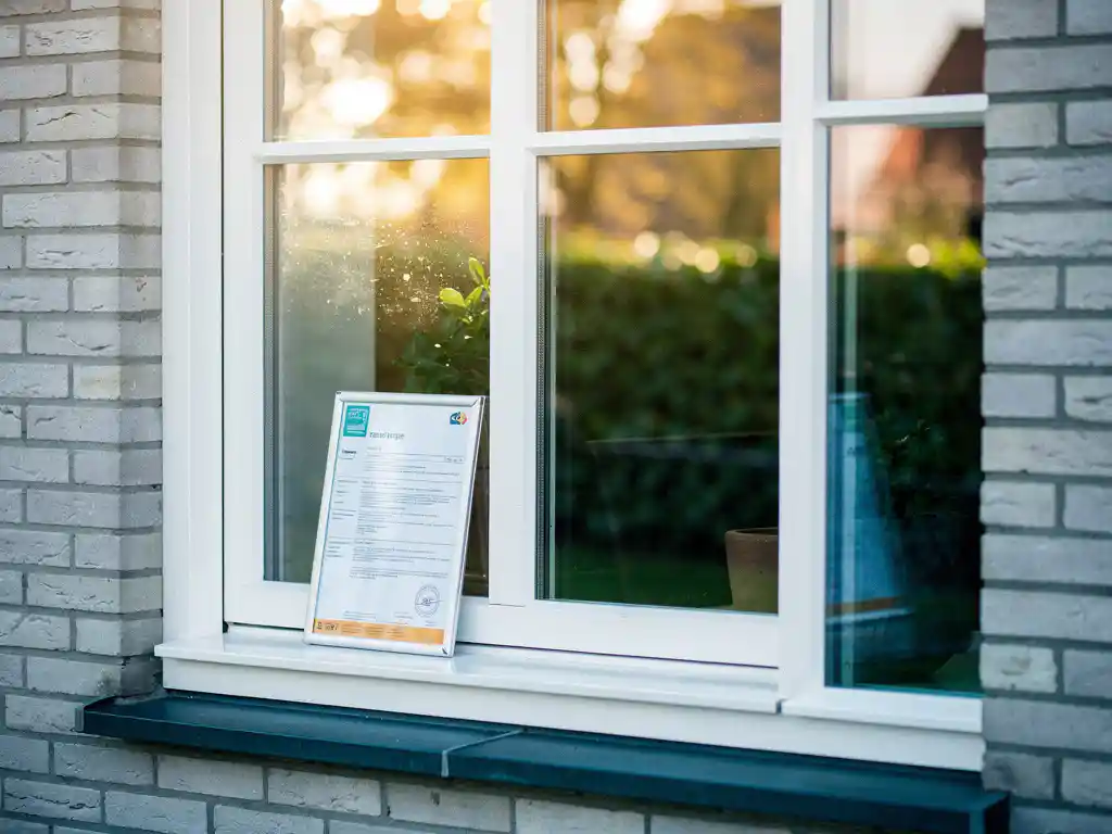 Moderne Nederlandse woning met witte uPVC kozijnen, energielabel op vensterbank, driedubbel glas met gouden lichtreflecties en groene tuin op de achtergrond.