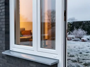 Wit PVC-raamkozijn met drievoudige beglazing in Nederlandse woning, warm interieurlicht zichtbaar door condensatievrij glas, bevroren gras buiten.