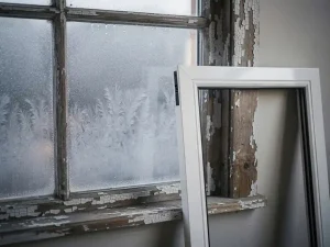 Verweerd houten raamkozijn met gebarsten verf en bevroren condensatie op dubbel glas, modern wit PVC-kozijn leunend tegen de muur.
