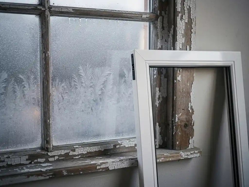 Verweerd houten raamkozijn met gebarsten verf en bevroren condensatie op dubbel glas, modern wit PVC-kozijn leunend tegen de muur.