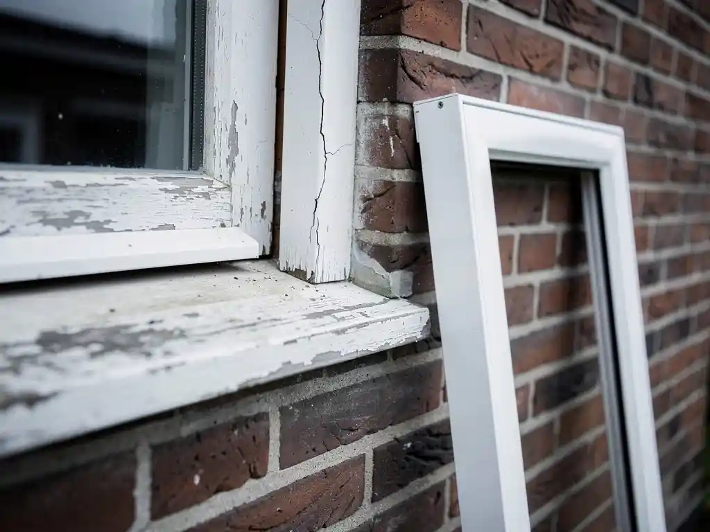 Verouderd wit kunststof kozijn met afbladderende verf naast een nieuw vervangingskozijn tegen een rode bakstenen gevel.