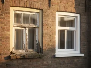 Verouderd houten kozijn met afbladderende verf en houtrot naast een modern wit PVC-kozijn in een Nederlandse bakstenen gevel.