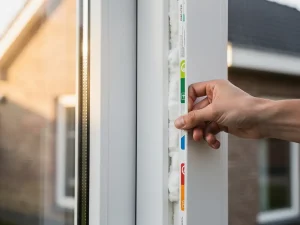 Huiseigenaar inspecteert wit PVC-kozijn met energie-label en isolatieschuim, moderne Nederlandse woning op de achtergrond.