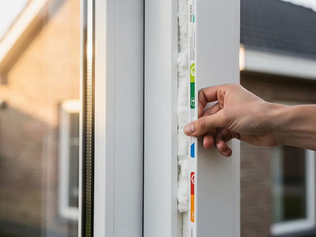 Huiseigenaar inspecteert wit PVC-kozijn met energie-label en isolatieschuim, moderne Nederlandse woning op de achtergrond.