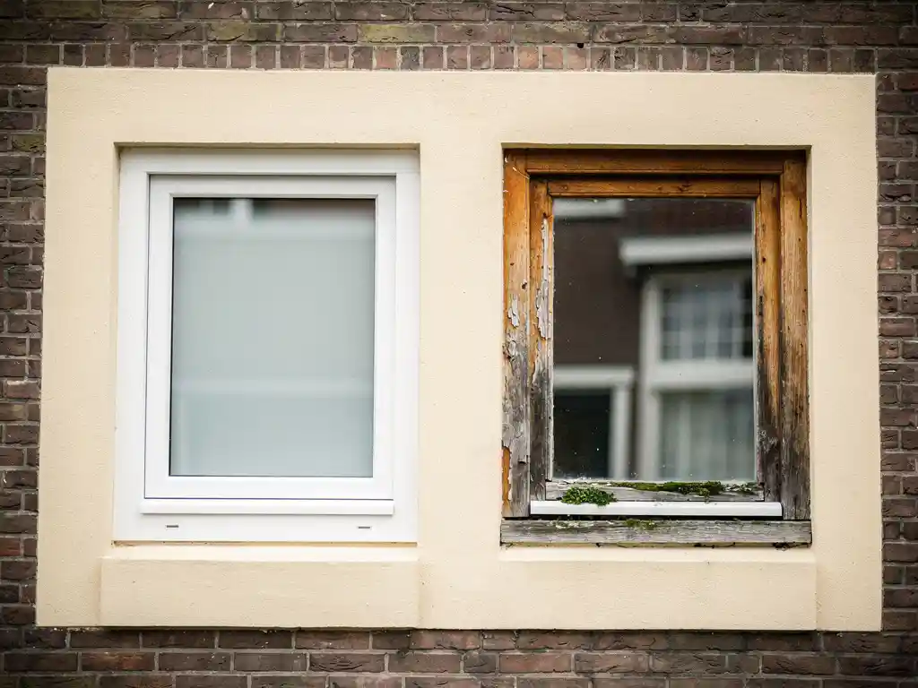 Wit PVC-kozijn naast verweerd houten kozijn in Nederlandse gevel, met mos en afbladderende verf op het hout.