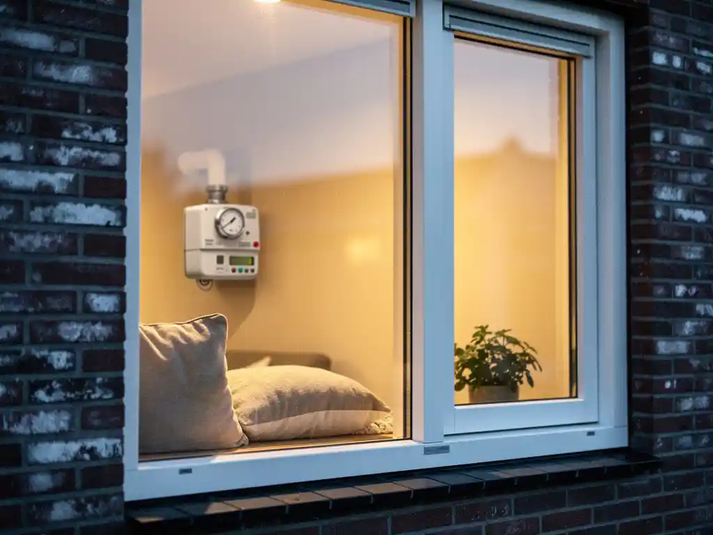 Moderne Nederlandse woning met witte PVC-kozijnen en driedubbel glas, warme binnenverlichting zichtbaar door bevroren buitengevel.