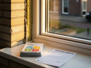 Wit PVC-raamkozijn met drievoudige beglazing op een goed geïsoleerde Nederlandse woning, met subsidiedocumenten op de vensterbank.
