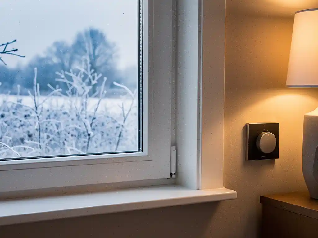 Wit PVC-raamkozijn in Nederlandse woning met bevroren winterlandschap buiten en warme gouden binnenverlichting.
