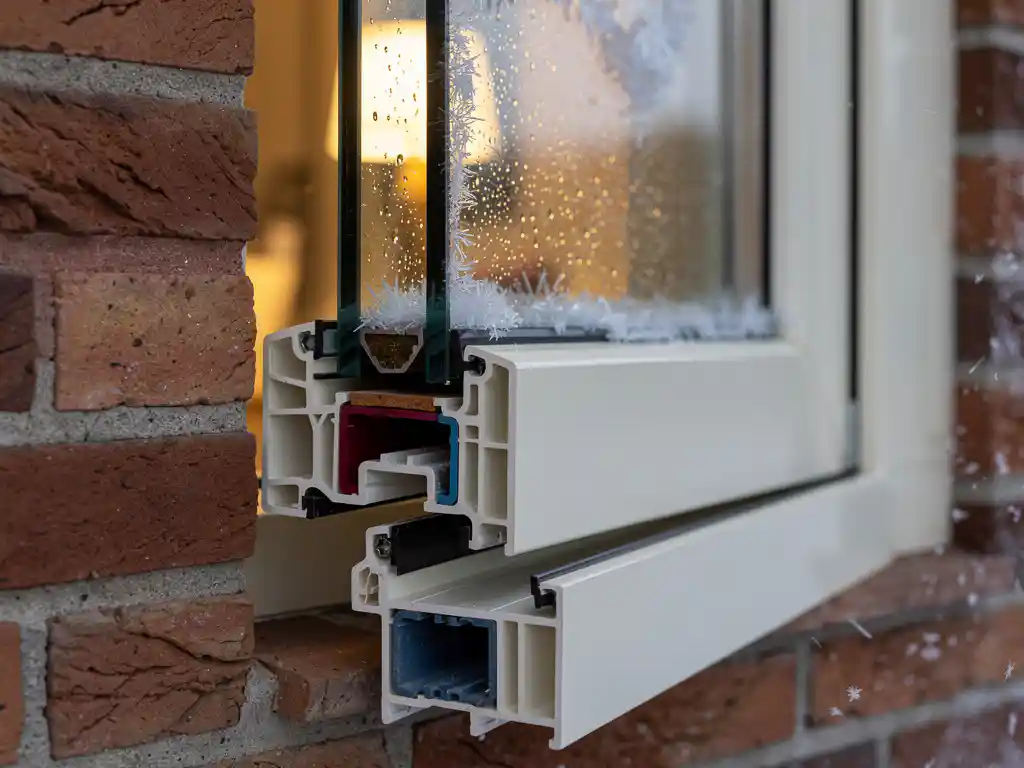 Doorsnede van een PVC-kozijn met driedubbel glas in bakstenen gevel, rijp op het buitenglas, warme binnenverlichting zichtbaar.