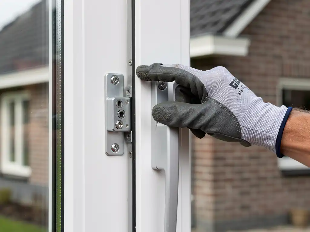 Gehandschoende hand die drukt tegen wit PVC-kozijn met meerpuntssluiting op Nederlandse woning buitengevel.