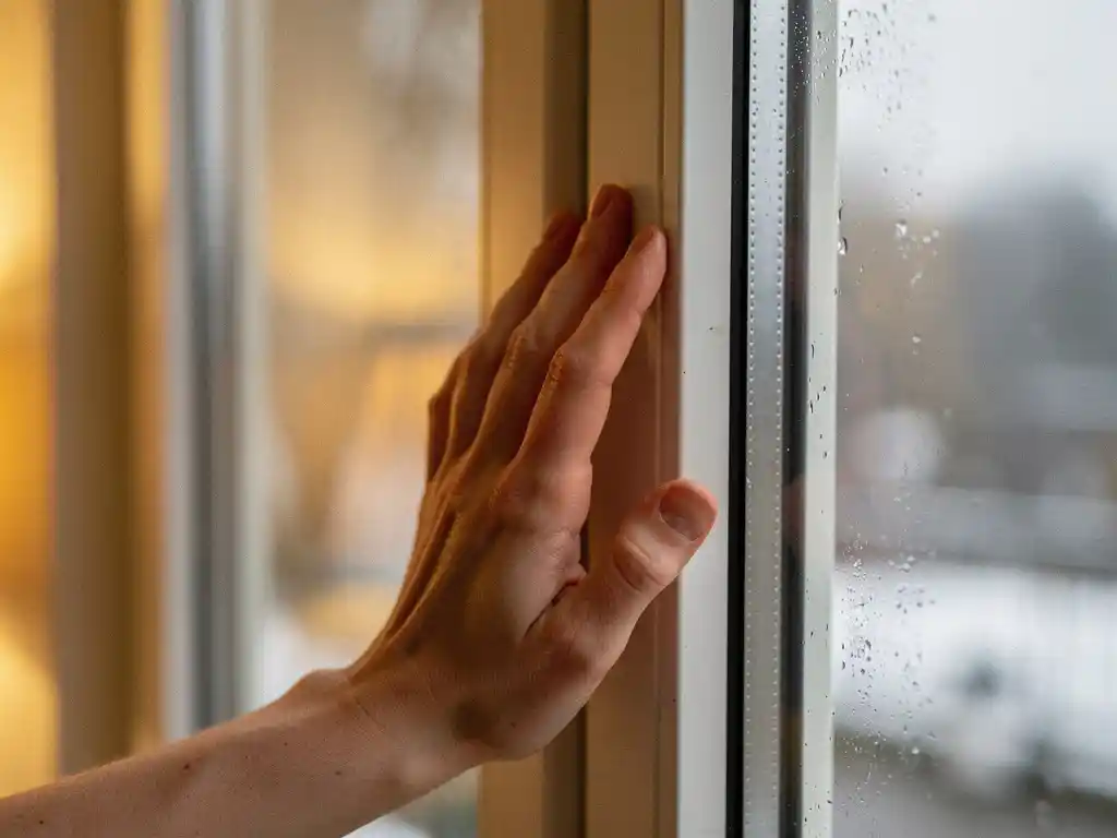 Hand die een wit PVC-kozijn aanraakt met condensatie op het glas, slechte isolatie zichtbaar in Nederlandse woning.