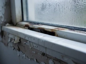 Verouderd PVC-kozijn met condensatievlekken, roestsporen en afbladderende verf op het binnenwerk van een dubbel glas raam.