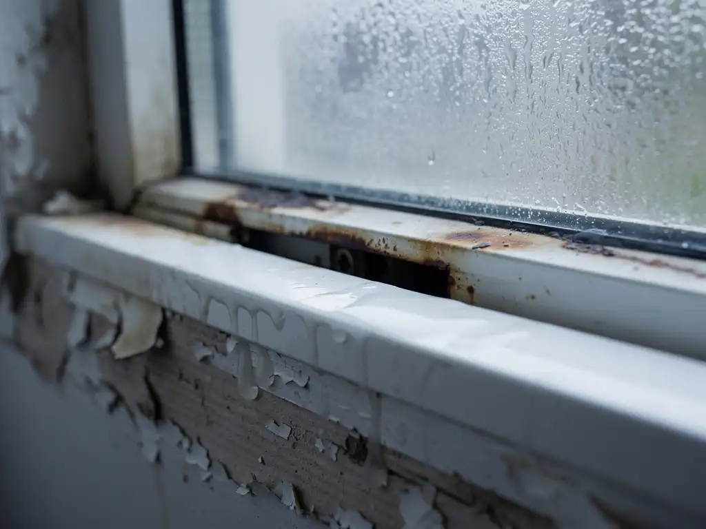 Verouderd PVC-kozijn met condensatievlekken, roestsporen en afbladderende verf op het binnenwerk van een dubbel glas raam.