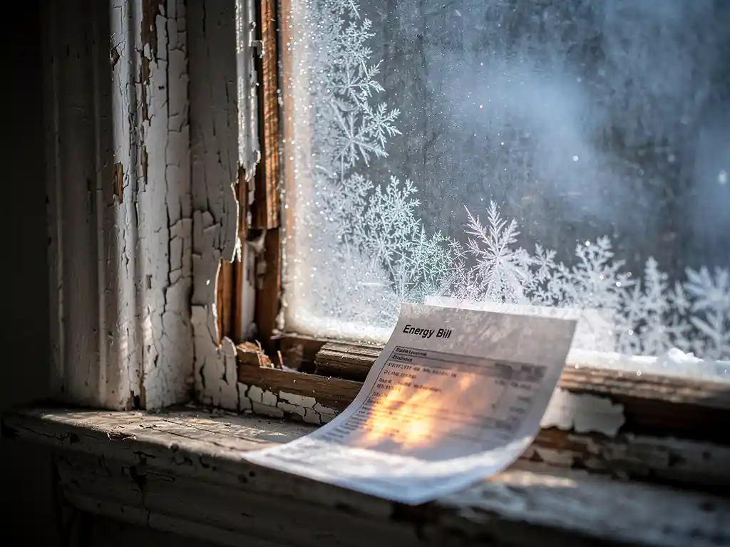 Verouderd houten kozijn met afbladderende verf en kieren, bevroren ruit en energierekening op de vensterbank, koude winterse belichting.