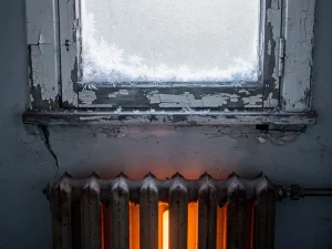 Verouderd houten vensterraam met afbladderende verf en vorst op het glas, met een gloeiende radiator eronder die warmteverlies compenseert.