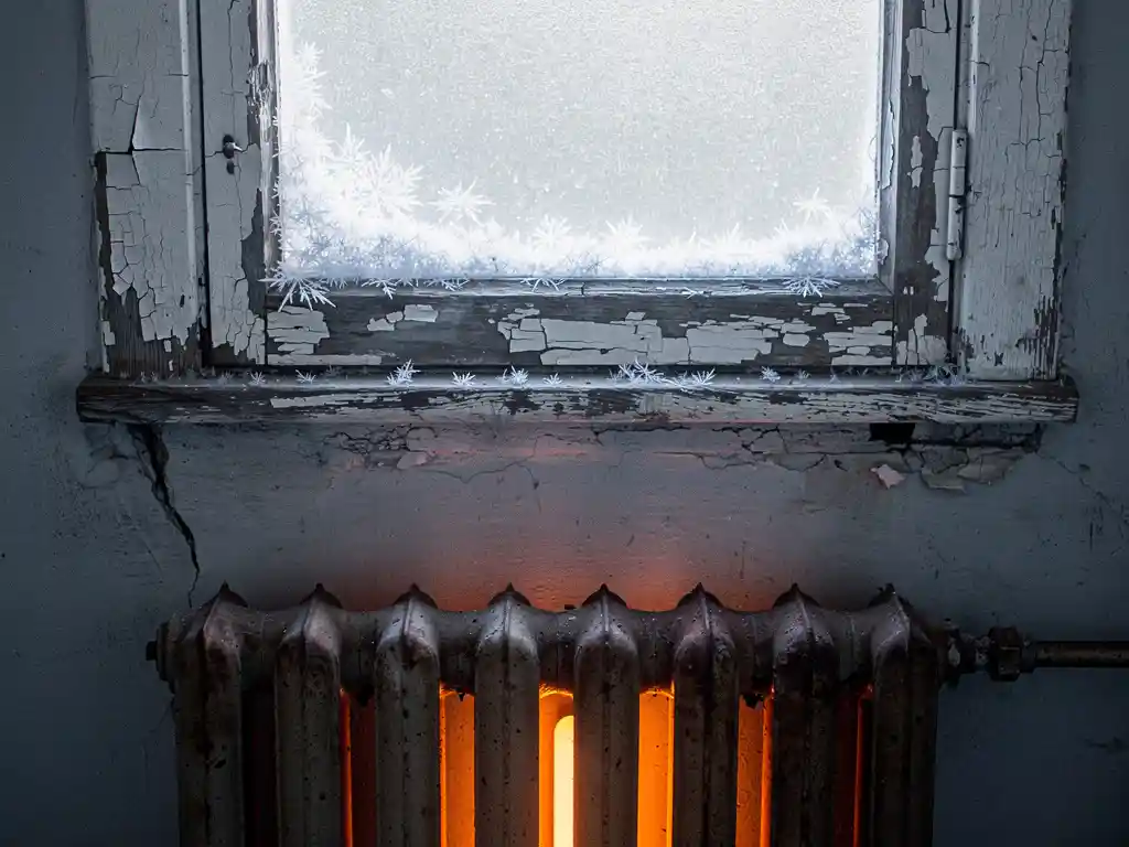 Verouderd houten vensterraam met afbladderende verf en vorst op het glas, met een gloeiende radiator eronder die warmteverlies compenseert.
