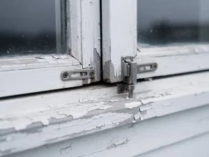 Verweerde witte raamkozijn met uitgelijnde grendel die niet sluit, zichtbare kier tussen kozijn en muur, afbladderende verf.