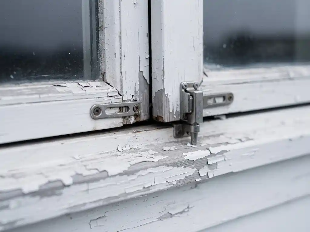 Verweerde witte raamkozijn met uitgelijnde grendel die niet sluit, zichtbare kier tussen kozijn en muur, afbladderende verf.