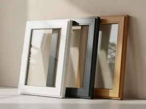 Drie raamkozijnen naast elkaar — wit PVC, antraciet aluminium en hout — tegen een gepleisterde muur in natuurlijk daglicht.