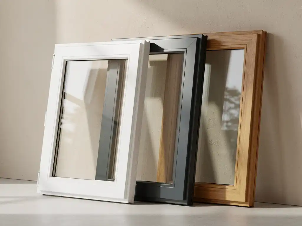 Drie raamkozijnen naast elkaar — wit PVC, antraciet aluminium en hout — tegen een gepleisterde muur in natuurlijk daglicht.