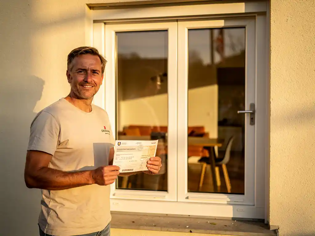 Huiseigenaar houdt subsidiedocument vast naast nieuw geïnstalleerd wit PVC-raam in warm Nederlands interieur.