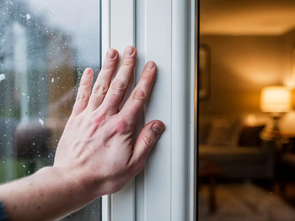 Hand die koude tocht controleert bij wit PVC-raamkozijn met condensatie op het glas in Nederlandse woonkamer.