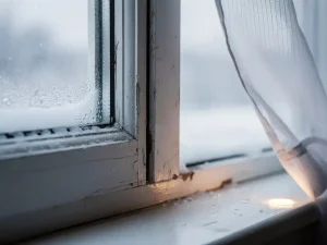 Verouderd wit raamkozijn met kieren, bevroren glas en condensdruppels op de vensterbank, gordijn dat naar binnen wappert door tocht.