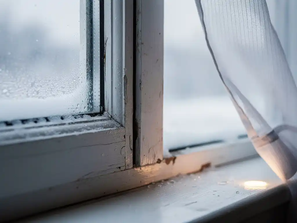 Verouderd wit raamkozijn met kieren, bevroren glas en condensdruppels op de vensterbank, gordijn dat naar binnen wappert door tocht.