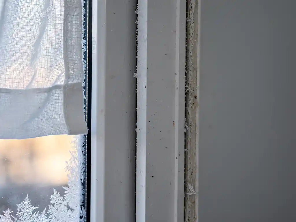 Verouderd wit uPVC raamkozijn met kieren in de afdichting, bevroren condensatie op het glas en een opbollend wit gordijn door tocht.