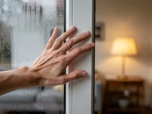 Huiseigenaar voelt met vlakke hand langs wit PVC-kozijn op tocht, condensatie zichtbaar op glas in Nederlandse woonkamer.