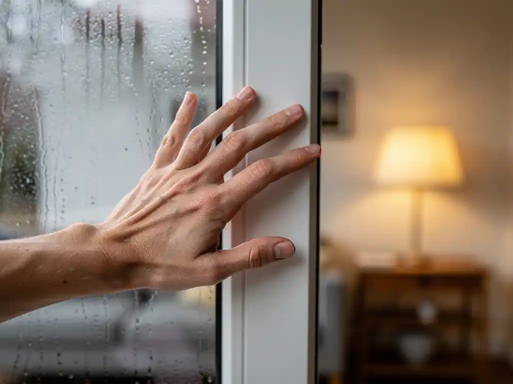 Huiseigenaar voelt met vlakke hand langs wit PVC-kozijn op tocht, condensatie zichtbaar op glas in Nederlandse woonkamer.