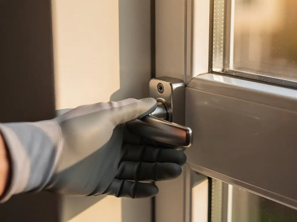 Gehandschoende hand die de vergrendelde hendel van een wit uPVC raamkozijn test, met zachte middaglichtscha­duwen op het plastic oppervlak.