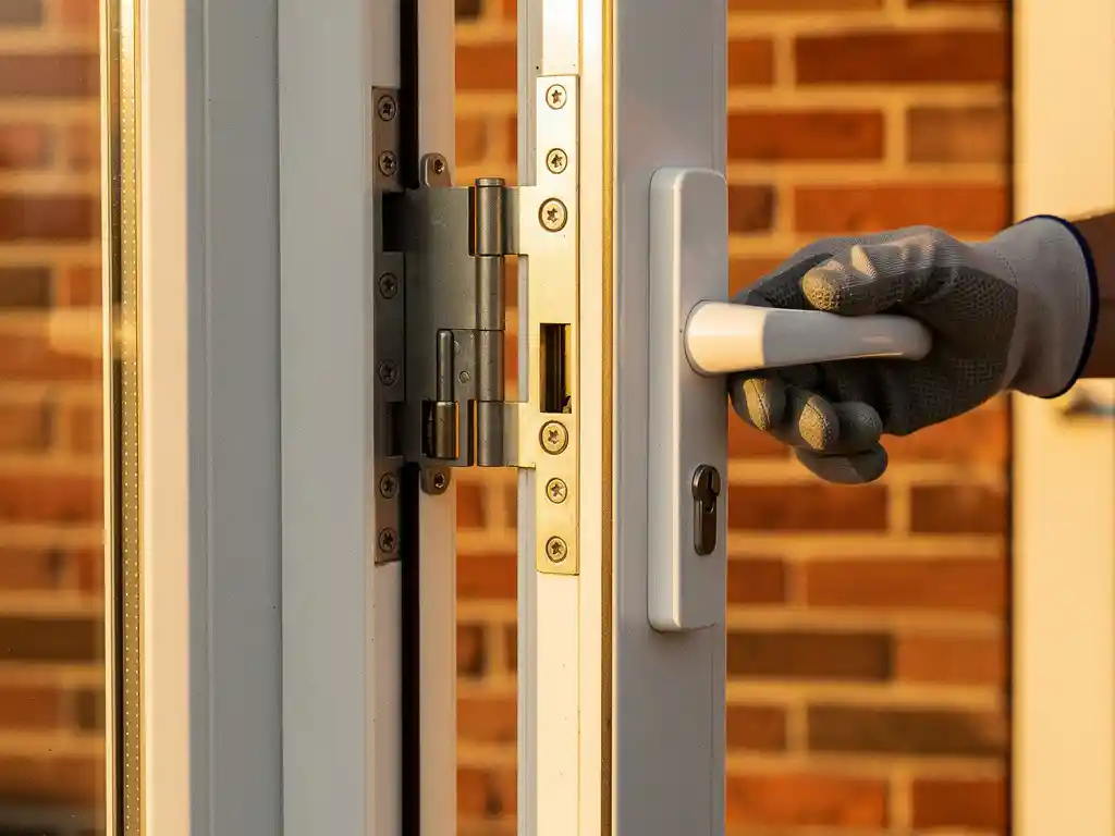 Gehandschoende hand die het handvat test van een wit uPVC-raam met meerpuntssluiting, rode bakstenen gevel op achtergrond.