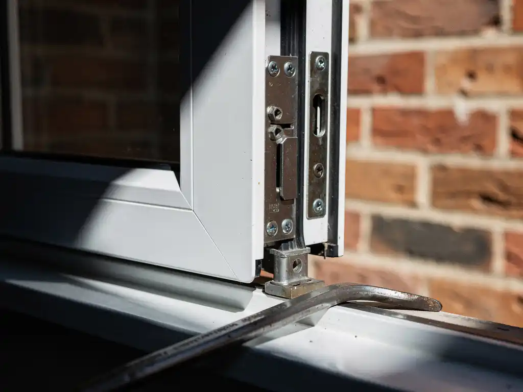 Wit uPVC raamkozijn met meerpuntssluiting en een verslagen koevoet op de vensterbank, Nederlandse bakstenen gevel op achtergrond.