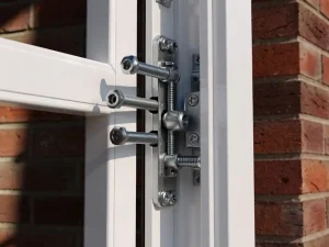 Wit uPVC raamkozijn met meerpuntsluiting en stalen veiligheidsbouten, gemonteerd in een bakstenen muur.