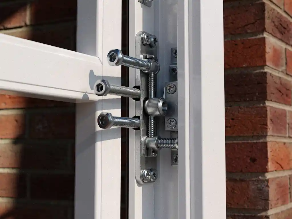 Wit uPVC raamkozijn met meerpuntsluiting en stalen veiligheidsbouten, gemonteerd in een bakstenen muur.