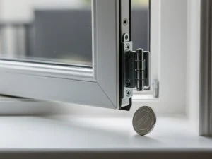 Wit uPVC raamkozijn met meerpuntsslot en keurmerk op de vensterbank, natuurlijk daglicht, residentieel interieur.
