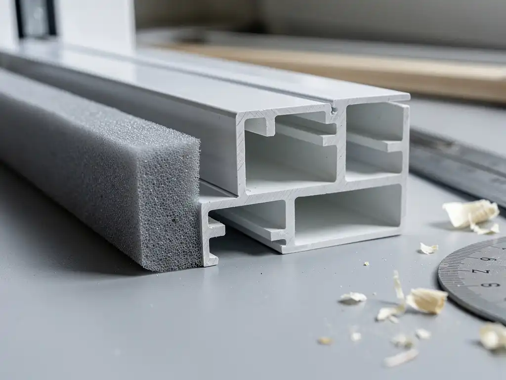 Doorsnede van wit uPVC raamkozijn met grijze schuim tochtstrip in groef, naast onbehandelde zijde op werkblad.