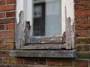 Verweerd houten kozijn met afbladderende verf, houtrot en vervormde randen in een traditionele Nederlandse bakstenen gevel.