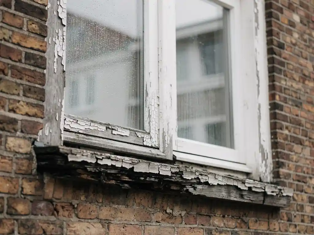 Verweerd houten kozijn met afbladderende witte verf en gecondenseerd dubbelglas in een traditionele Nederlandse bakstenen gevel.