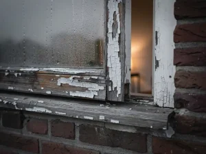 Verweerd houten kozijn met afbladderende verf en condensatie op het glas, bakstenen gevel op de achtergrond.