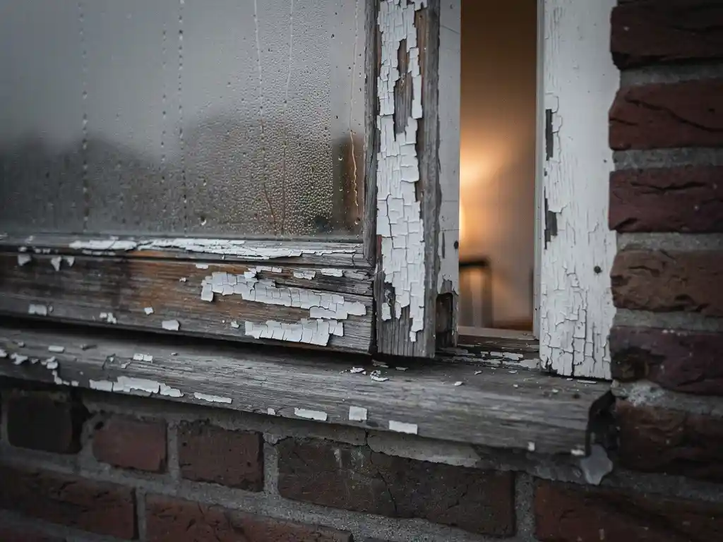 Verweerd houten kozijn met afbladderende verf en condensatie op het glas, bakstenen gevel op de achtergrond.