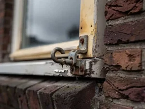 Verroest en losliggend raamslot met afbladderende verf op een verweerd kozijn in een Nederlandse bakstenen gevel.