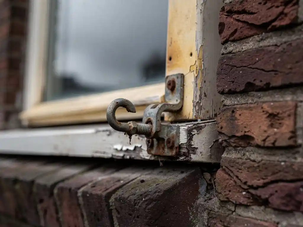 Verroest en losliggend raamslot met afbladderende verf op een verweerd kozijn in een Nederlandse bakstenen gevel.