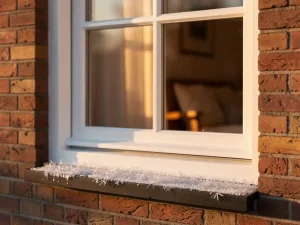 Wit PVC-raamkozijn in Nederlandse bakstenen gevel met driedubbel glas, smeltende ijskristallen op de dorpel en warm zonlicht.