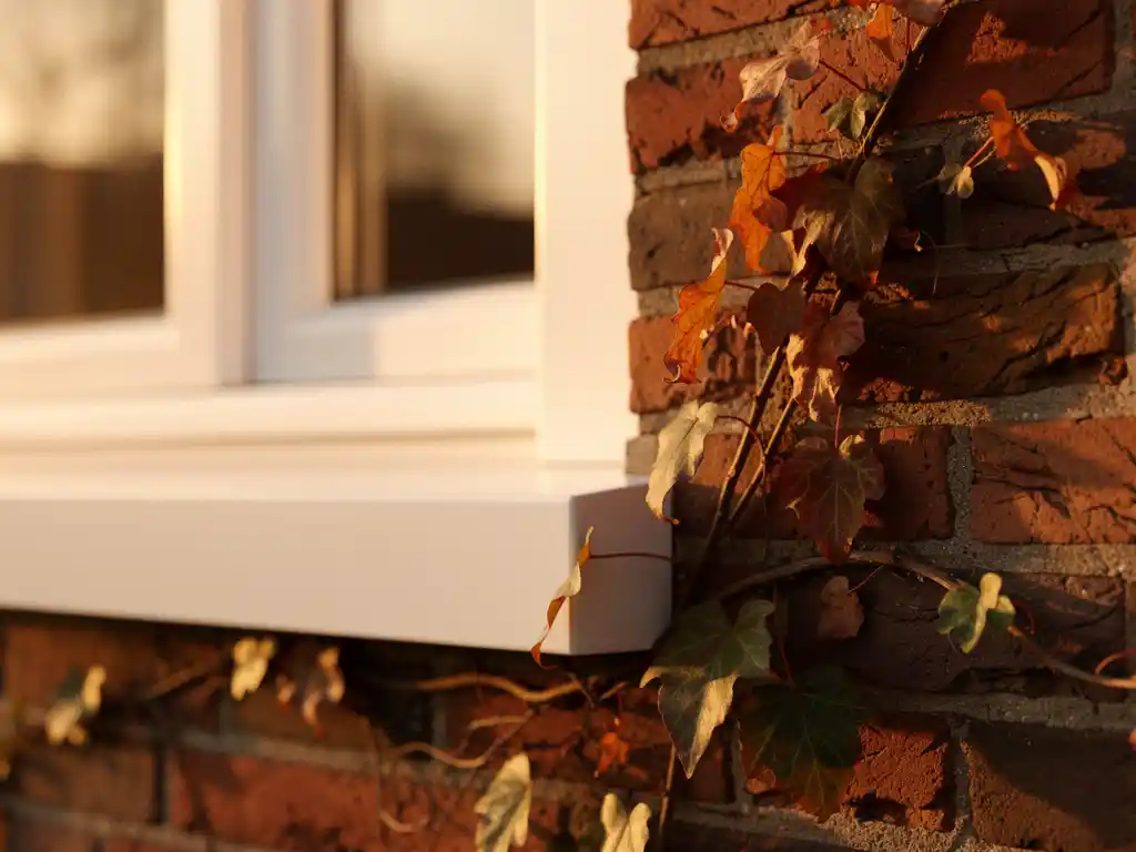 Wit uPVC raamkozijn in Nederlandse bakstenen gevel met herfstklimaop, warm middaglicht op glad kozijnoppervlak.