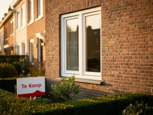 Wit uPVC-raamkozijn in Nederlandse bakstenen rijtjeswoning met Te Koop-bord in voortuin, zonnige straatopname.