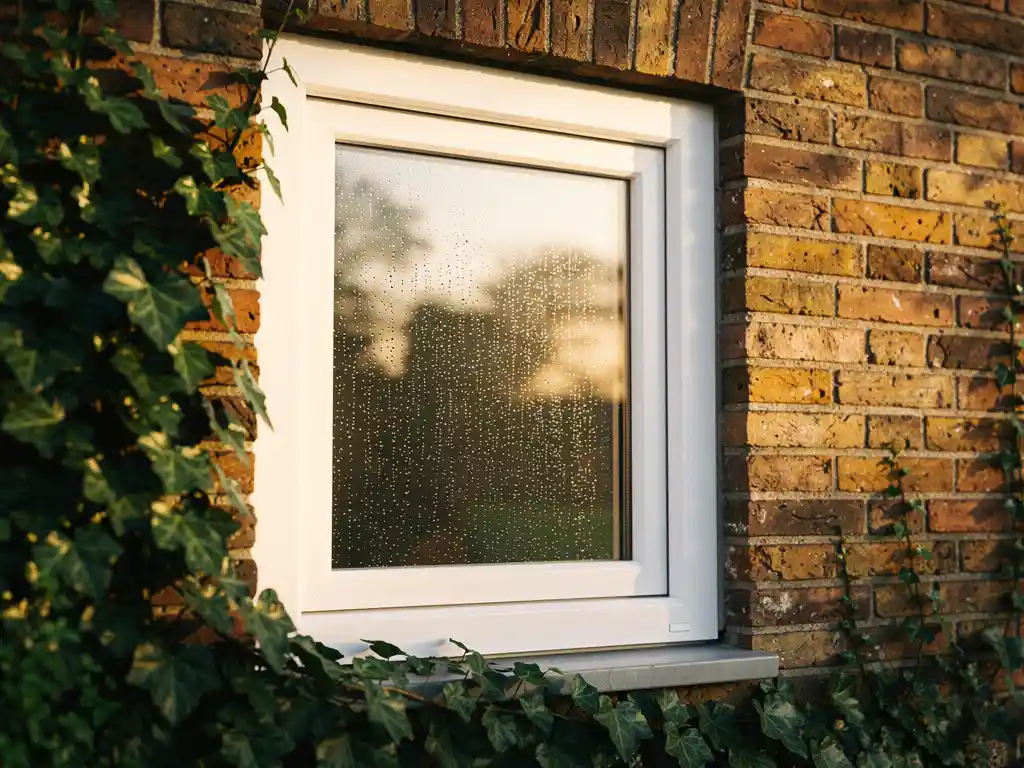 Wit uPVC-raamkozijn in Nederlandse bakstenen gevel, omringd door groene klimop met ochtenddauw op het glas.