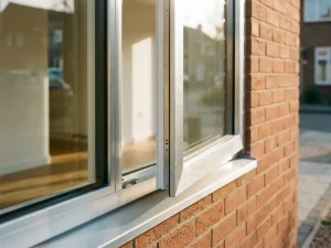 Aluminium kozijn in moderne Nederlandse bakstenen gevel, gedeeltelijk open draairaam met zichtbaar interieur in middaglicht.
